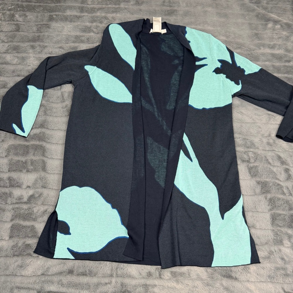 Chico's Navy Blue Mint Green Floral Open Front Cardigan Sweater Size 2 Large